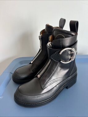 Chloe roy combat ankle boots black leather booties large buckle strap zipup 37.5